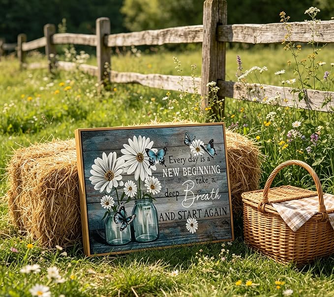ZLXARTLA Wood Framed Daisy Wall Art Butterfly Wall Decor Inspirational Print Artwork Flower Picture Painting Still Life Suitable for Country Farmhouse Bedroom Bathroom Rustic Decoration 12x16in