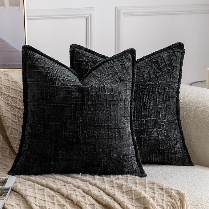 MADIZZ Pack of 2 Chenille Throw Pillow Covers 16x16 Inch Black Soft Neutral Decorative Throw Pillows for Couch Sofa Boho Accent Cushion Covers Modern Farmhouse Home Decor for Bedroom Living Room