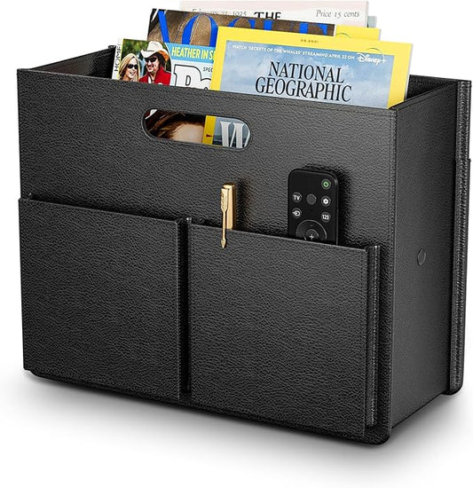 ABC life Magazine Holder, Stable Magazine Rack Floor, Black | Foldable PU Leather Newspaper Book Storage Basket Box, Upgraded Magazine Free Standing, for Living Room Home Office
