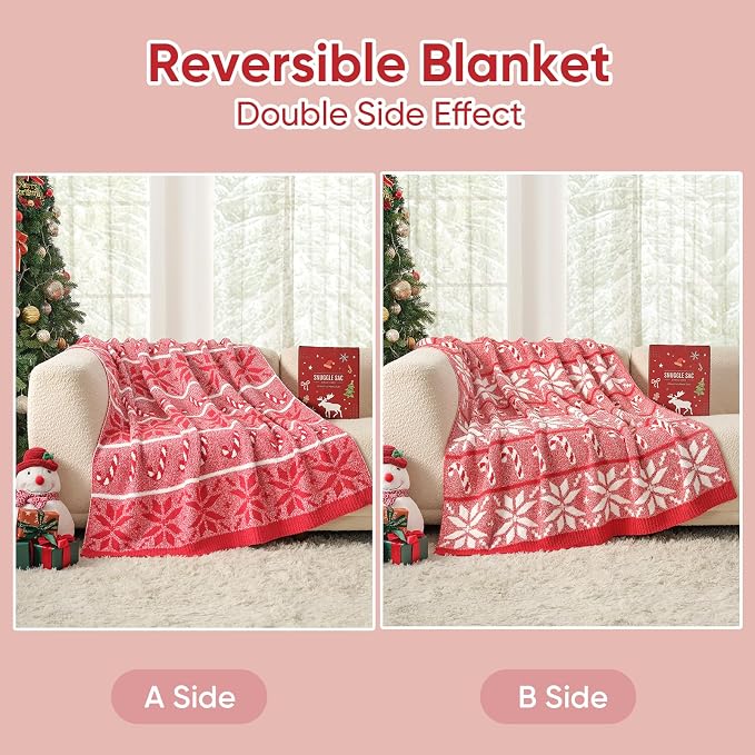 Snuggle Sac Christmas Snowflake Throw Blanket for Couch 50x60 inches, Ultra Soft Cozy Fuzzy Gift Throws, Reversible Fluffy Warm Decorative Blankets for Couch, Sofa and Bed for Xmas