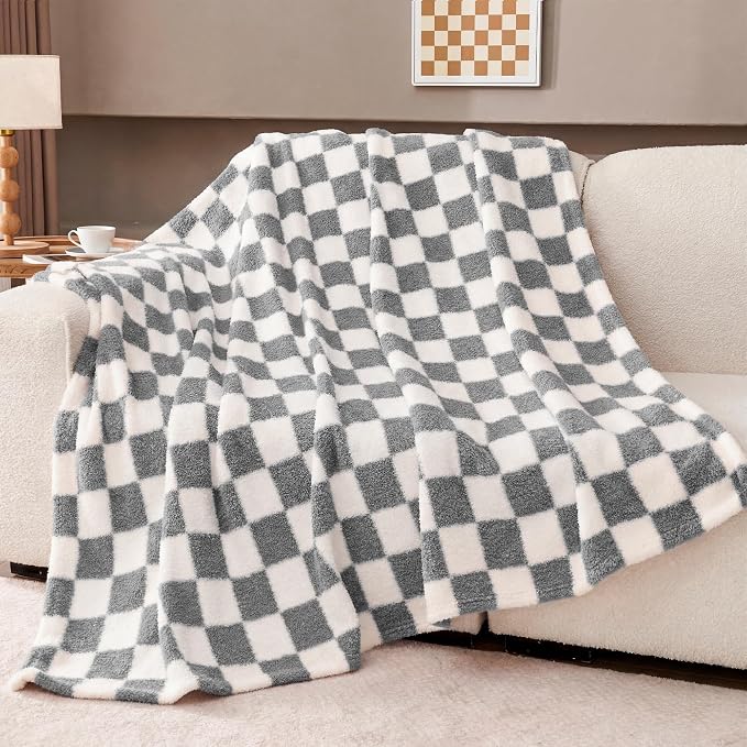 Gray Checkered Throw Blanket, Soft Plush Microfiber Fleece Blanket for Couch Sofa Travel, Cozy Decorative Home Blanket, All Season, 50x70 Inches