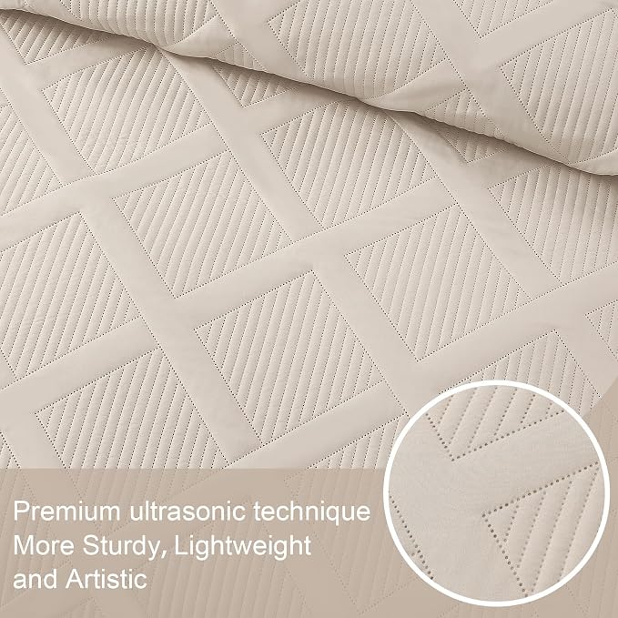 Exclusivo Mezcla Quilts Queen Size, Brich Beige | Soft Bedspreads with 2 Pillow Shams, Modern Striped Pattern, Lightweight Bedding Set Coverlets for All Seasons, 90x96 Inch
