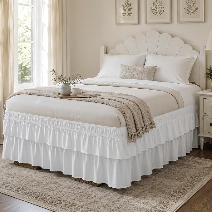 RIMELA Queen Size Ruffle Bed Skirt 14 Inch Drop - White Double Layered Wrap Around Dust Ruffle, Romantic Cute Design Bedskirt with High-Density Fabric, Soft Stretchy, Easy Install for Queen Bed