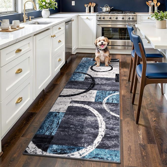 Yamaziot 2x6 Washable Modern Abstract Runner Rug Non-Slip for Hallways | Stain Resistant Kitchen Rug with Rubber Backing, Low Pile, Ultra Soft Carpet Runner for Bedroom, Laundry, Entryway, Blue