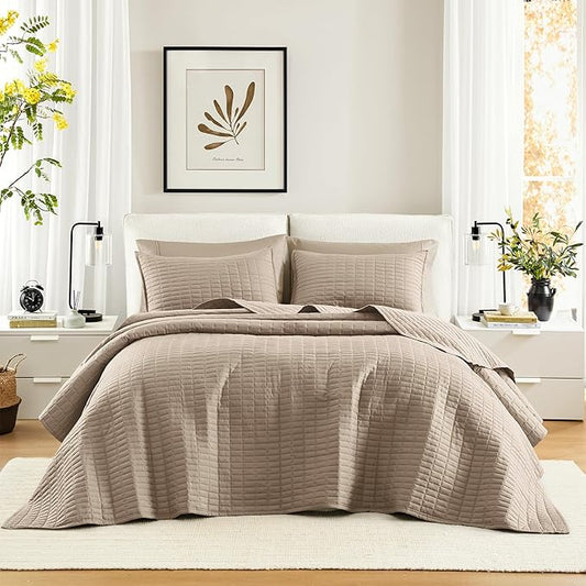 Comfort Spaces - CS13-0933 Kienna Quilt Coverlet Bedspread Ultra Soft Hypoallergenic All Season Lightweight Filling Stitched Bedding Set, Oversized Queen(102"x118"), Taupe 3 Piece | Coverlet for Summer Soft Cozy Lightweight All Season Quilted Extra Lay...