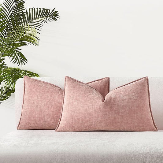 JUSPURBET Set of 2 Pink Chenille Lumbar Throw Pillow Covers 16x24 Inch Soft Textured Decorative Cushion Cases for Couch Sofa Bed Solid Home Decor Pillowcases