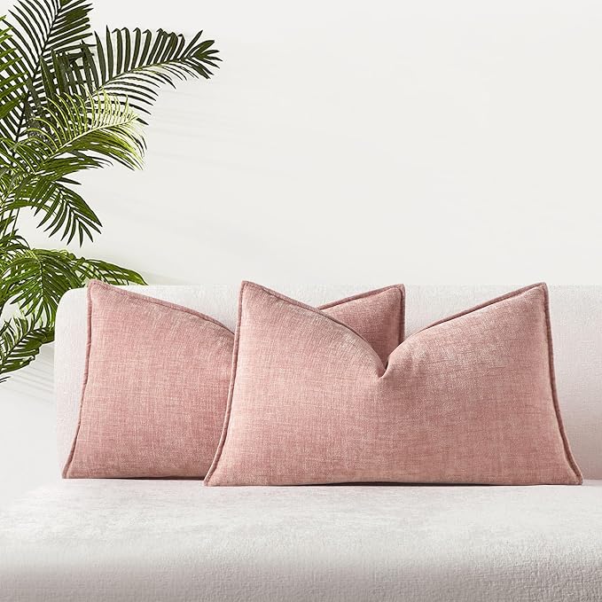 JUSPURBET 12x20 Chenille Lumbar Throw Pillow Covers Set of 2,Pink | Decorative Cozy Soft Cushion Covers Case with Hidden Zipper for Couch Sofa Bed Home Decor Living Room