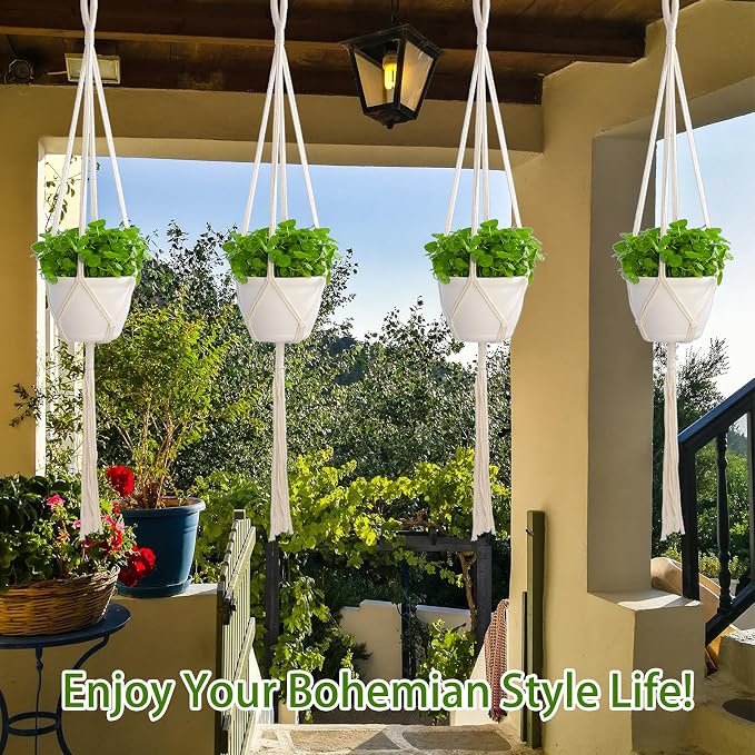 4 Pack Macrame Plant Hangers Indoor Set Large Crochet Hanging Holder, Ivory