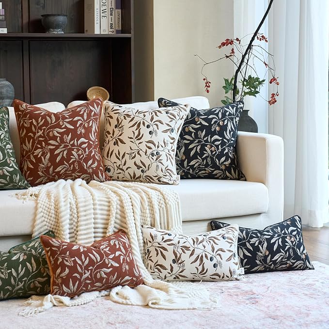Alerfa Beige Floral Throw Pillow Cover 20 x 20 Inch Sqaure Luxury Decorative Pillow Cover for Couch Living Room Bedroom