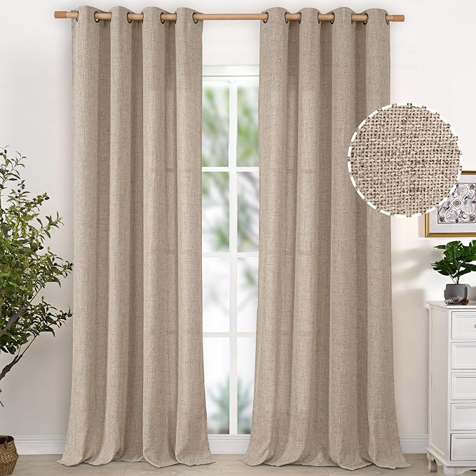 YoungsTex 90 Inches Long Oatmeal Linen Semi Sheer Curtains for Living Room | Light Filtering Drapes with Bronze Grommet Rustic Floor Length for Bedroom Dining Room, 2 Panels, 52 X 90 Inch