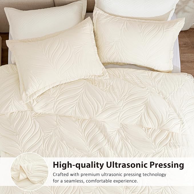 EXQ Home Queen Quilt Set Leaf Pattern Beige Bedspread | Bedding Set For All Season Use, Soft & Breathable Coverlet,3-Piece Set Includes 2 Shams, Machine Washable