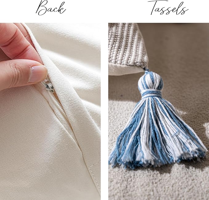 BlissBlush Decorative Throw Pillow Covers 20x20 Combo Set of 2 Square Coastal Blue Boho Accent Pillowcase Tassels Farmhouse Cushion for Couch Sofa Bedroom Living Room Home Décor Cover ONLY