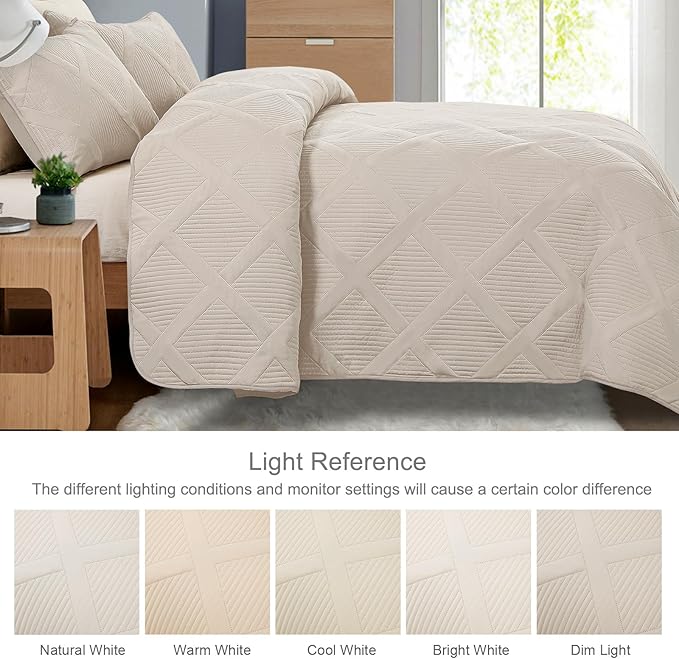Exclusivo Mezcla Quilts Queen Size, Brich Beige | Soft Bedspreads with 2 Pillow Shams, Modern Striped Pattern, Lightweight Bedding Set Coverlets for All Seasons, 90x96 Inch