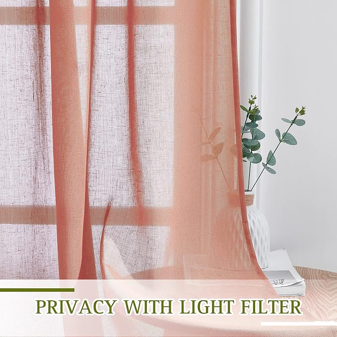 NICETOWN Linen Semi Sheer Curtains, Grommet Top Rustic Farmhouse Linen Curtains & Drapes Privacy with Light Through Drapes for Bedroom/Home Office, Terracotta=Burnt Orange, W52 x L96, 1 Pair
