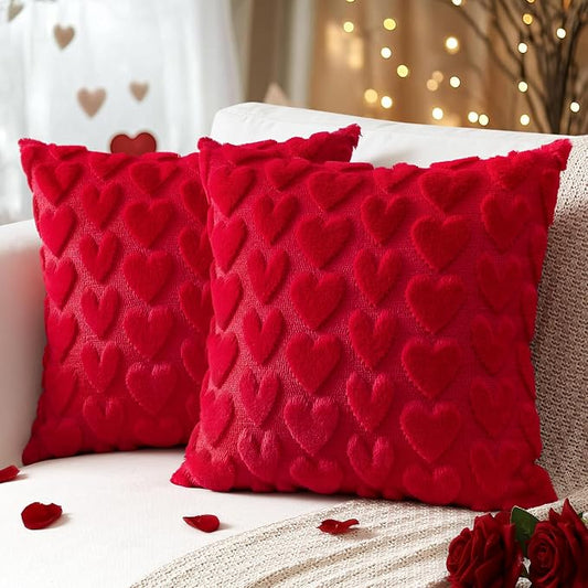 Artscope Valentines Pillow Covers 20x20 Set of 2 Decorative Love Heart Valentines Day Throw Pillow Cases Soft Plush Faux Fur Couch Cushion Case for Holiday Sofa Bed Room Home Decor-Red Heart