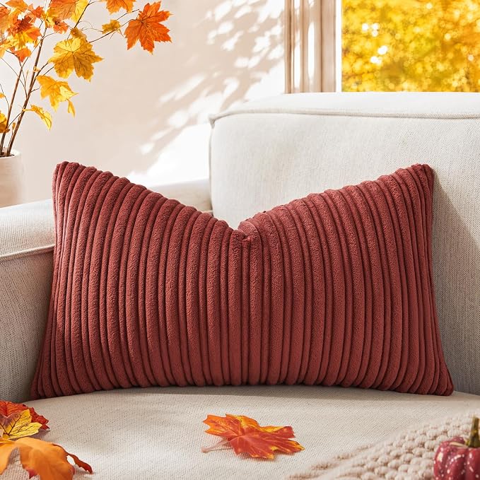 Kevin Textile Striped Corduroy 14”x24” Pillow Cover 1 Pack, Burnt Brick