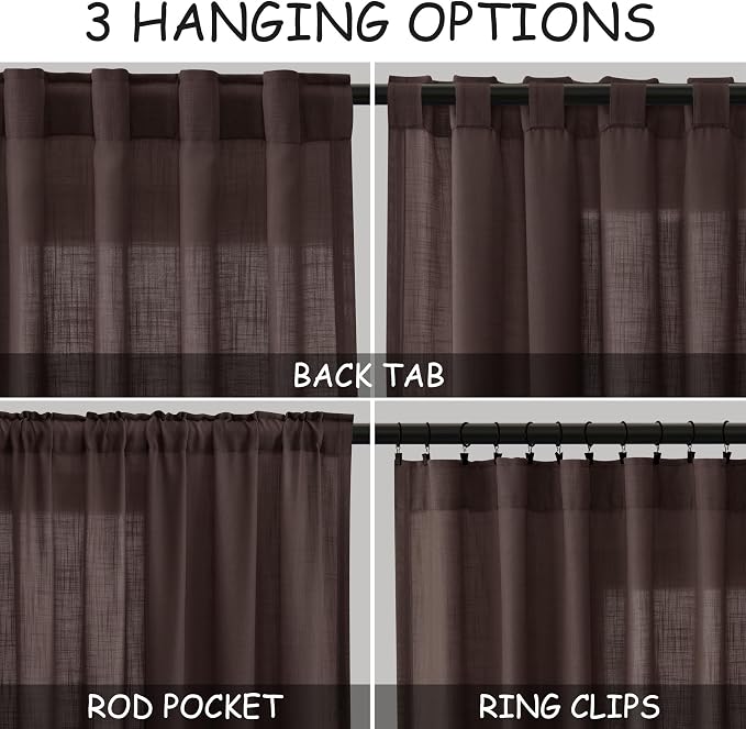 Coffee Linen Curtains for Living Room Back Tab Rod Pocket Semi Sheer Curtain 63 Inches Long 2 Panel Set Boho Light Filtering Neutral Farmhouse Lightweight Drapes for Bedroom 52x63