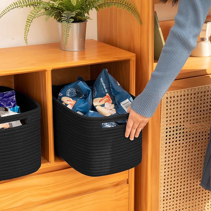 OIAHOMY 4 Pack Storage Baskets for Organizing 24L Cube Storage Bins Black | Woven Baskets for Storage Rectangle Small Baskets With Handles Baskets for Shelves Wicker Baskets for Shelves 16x12x8inch