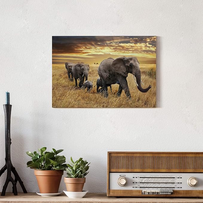Elephant Family Picture Wall Decor - Yellow Wildlife Migration Painting - Autumn Sunset Artwork - Perfect for Bedroom & Bathroom, 16x12 inches