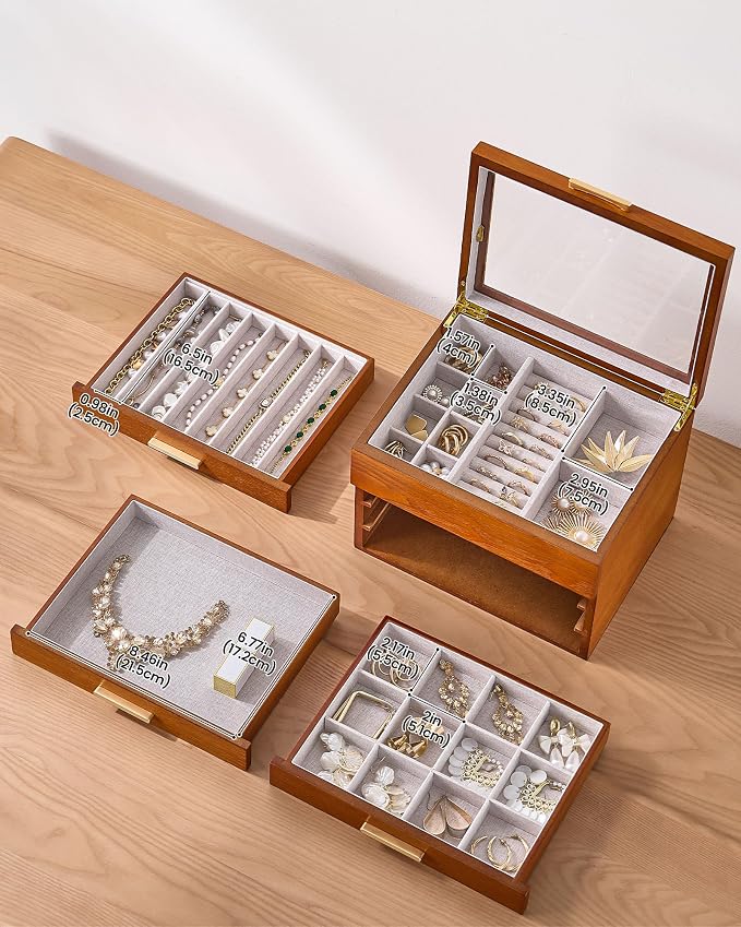 Lolalet Jewelry Box, Clear Window Wood Jewelry Storage for Earrings Bracelets Necklaces Rings, High Capacity Organizer for Women, Valentine's Day Gift -Cherrywood, 4 Layers