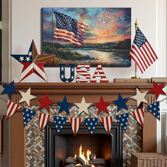Framed American Flag Sunset Fireworks Wall Art, Patriotic 4th of July Canvas Art Pictures, USA Flag Wall Decor for Living Room Man Cave Bar, Ready to Hang Made in USA