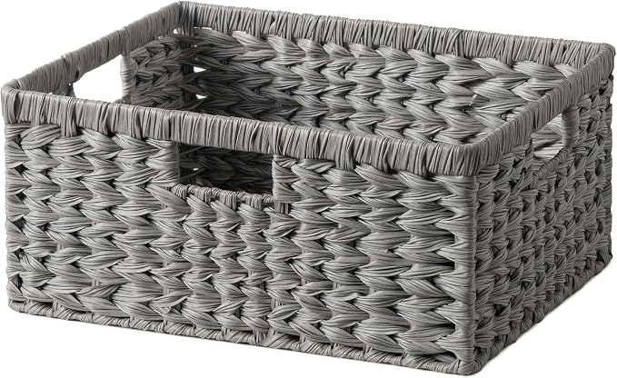 GRANNY SAYS Wicker Baskets for Organizing, Waterproof Pantry Basket, 1-Pack | Plastic Wicker Storage Baskets for Shelves,Large Wicker Baskets for Storage,Handwoven Storage Baskets with Handle,Grey Basket