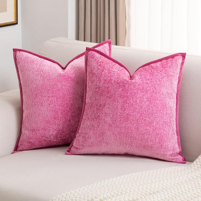 FUTEI Pack of 2 Chenille Soft Throw Pillow Covers 16x16 Inch, Hot Pink