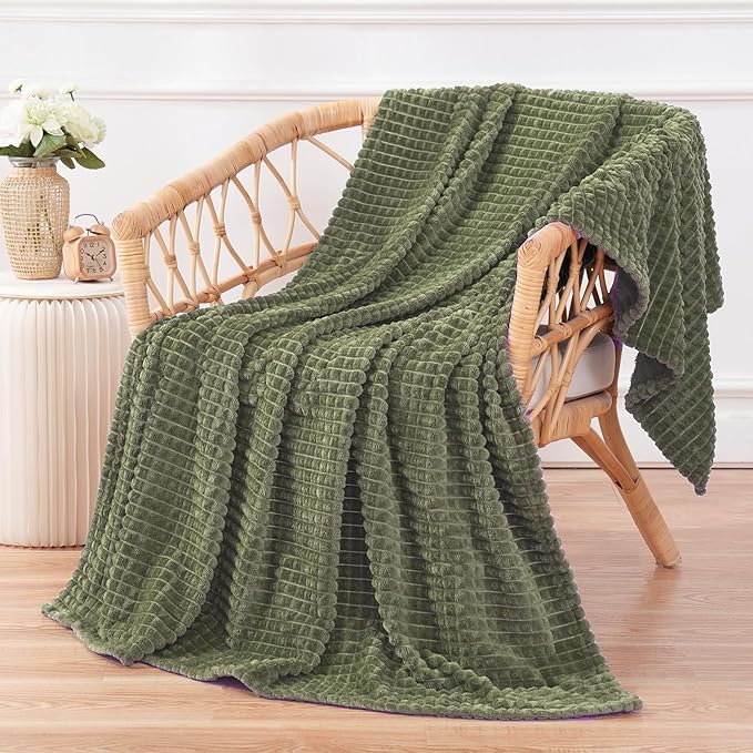 Puncuntex Fleece Throw Blanket Olive Green 50"×60" with Square Grid Design | Super Soft Plush Cozy Flannel Throw Blanket Luxury for Couch Sofa Chair