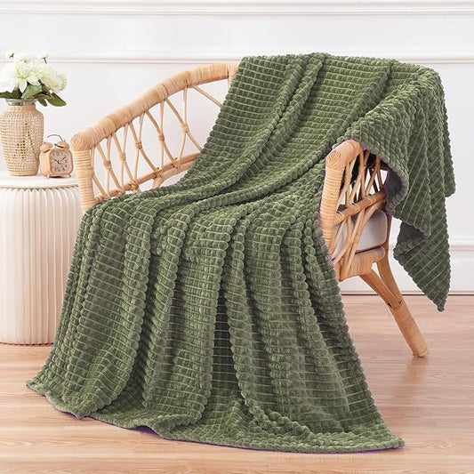 Puncuntex Fleece Throw Blanket Olive Green 50"×60" with Square Grid Design | Super Soft Plush Cozy Flannel Throw Blanket Luxury for Couch Sofa Chair