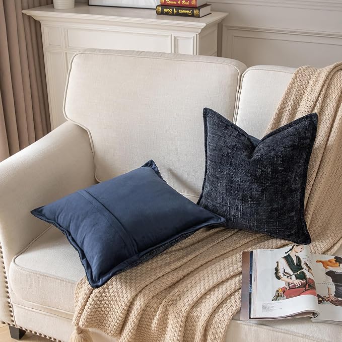Yaertun Chenille Throw Pillow Covers 16x16 Inch Set of 2 Textured Broadside Soft Cozy Velvet Pillow Covers Modern Farmhouse Boho Decorative Pillow Cases for Couch Bed Sofa Livingroom Dark Blue