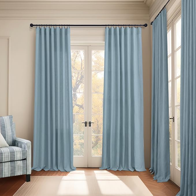 Blue Linen Curtains 84 Inch Length for Living Room 2 Panels Set Back Tab Rod Pocket Light Filtering Semi Sheer Grey Blue Curtains for Bedroom Country Farmhouse Stone Dusty Blue Gray Drapes 52x84 Long