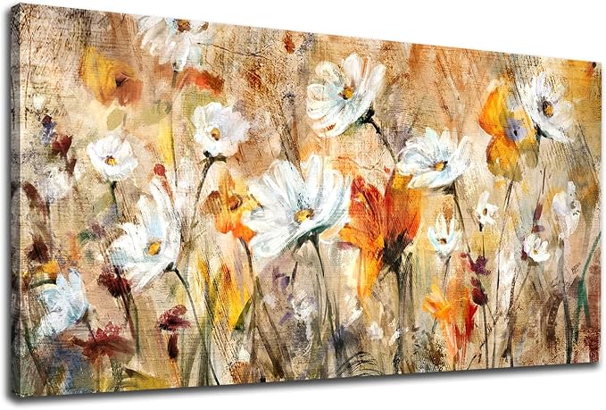 VEAEE Flowers Wall Art for Living Room Abstract Floral Canvas Pictures Modern Daisy Canvas Painting Artwork Prints Bedroom Kitchen Office Home Wall Decor Framed Ready To Hang 20"x 40"