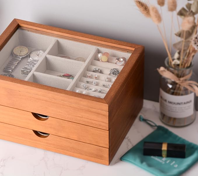 Clasin Home Jewelry Box with Glass Lid, 3 Layer Jewelry Organizer for Women, Solid Wooden Jewelry Box Display for Ring Earrings Necklace Bracelet, Pine Wood Jewelry Boxes Vintage Style for Gifts