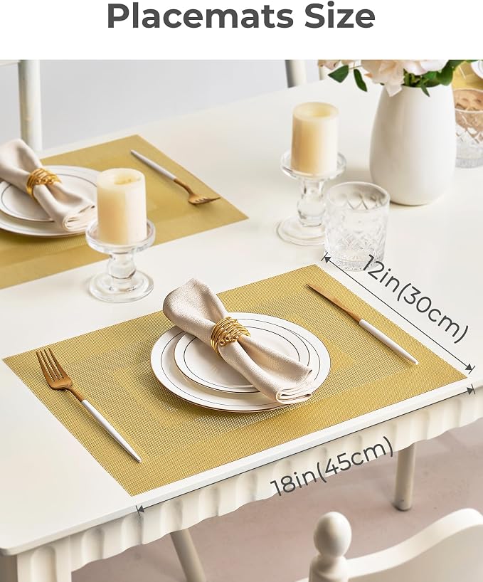 Leetaltree Gold Frame Placemats Set of 24 - Heat Resistant Non-Slip Place Mats for Dining Table, Washable Durable PVC Vinyl Woven Table Mats（Gold Frame, 24）