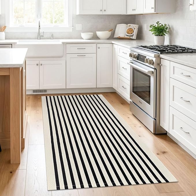 KILOCOCO Beige Striped Rug 3x5 Indoor Outdoor Rugs Washable Front Door Rugs | Cotton Layered Doormats, Washable Front Porch Rug, Woven Low Pile Welcome Mat for Kitchen Entryway Farmhouse Patio