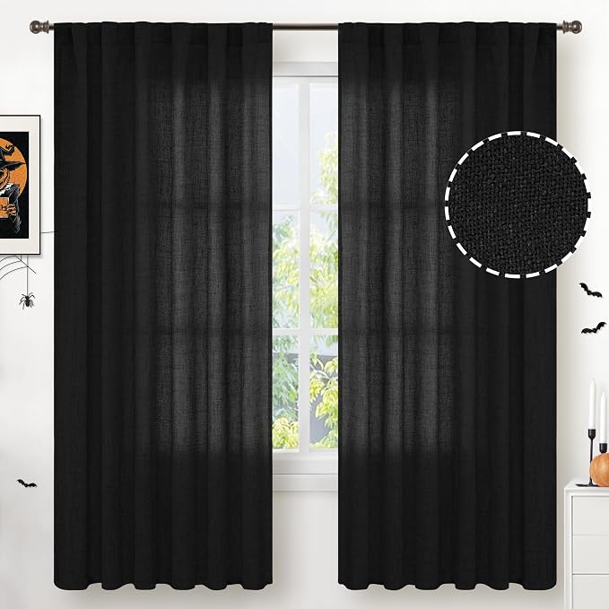 YoungsTex Black Linen Semi Sheer Curtains 52 X 72 Inch Length 2 Panels | Light Filtering Drapes with Rod Pocket Back Tab Gothic Decorative for Bedroom Dining Living Room
