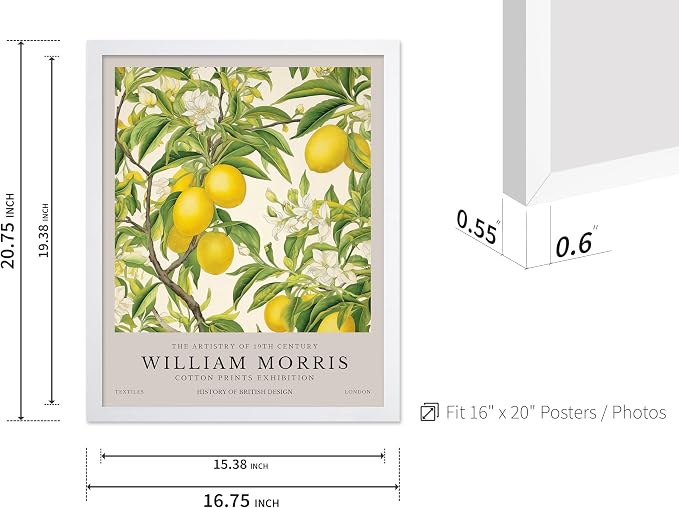 Poster Master William Morris Poster - Lemon Tree Print - Botanical Art - Fruit Art - Exhibition Piece - Lemon Illustration - Floral Design - Aesthetic Print - Colorful Kitchen Wall Decor - 16x20 White Framed
