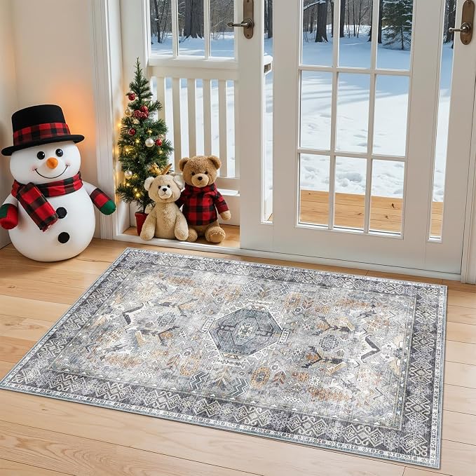Washable Entryway Area Rug 2x3 - Small Doormat Vintage Distressed Rugs Oriental Non-Slip Stain Resistant Carpet Soft Thin Non-Shedding Indoor Floor Mat for Bedroom Bathroom Kitchen (Grey/Blue,2x3)