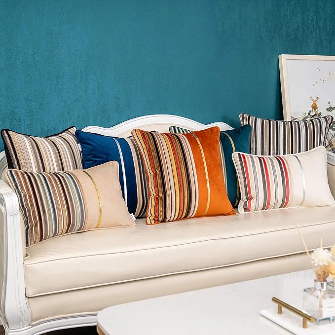 Yangest Brown Striped Patchwork Throw Pillow Cover Gold Leather Cushion Cover Zippered Pillowcase for Sofa Couch Bedroom Living Room Home Decoration,20x20 Inch