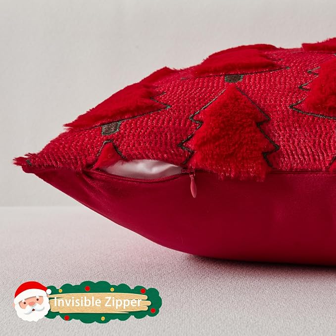 UGASA Christmas Tree 14x36 Inch Long Lumbar 1 Pack Soft Plush Faux Fur Luxury Embroidery Rectangle Cushion Case for Couch Sofa Holiday Festivals Winter Xmas Gift, Red & Green