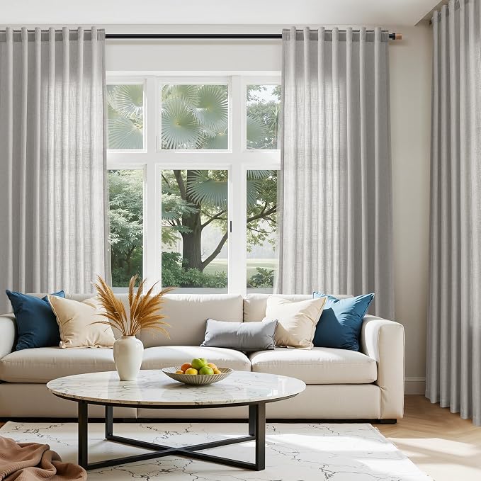 Light Gray Linen Curtains 96 Inches Long for Living Room Light Filtering Semi Sheer Curtain Back Tab Rod Pocket Textured Luxury Grey Simple Modern Drapes for Bedroom 52x96, 2 Panels