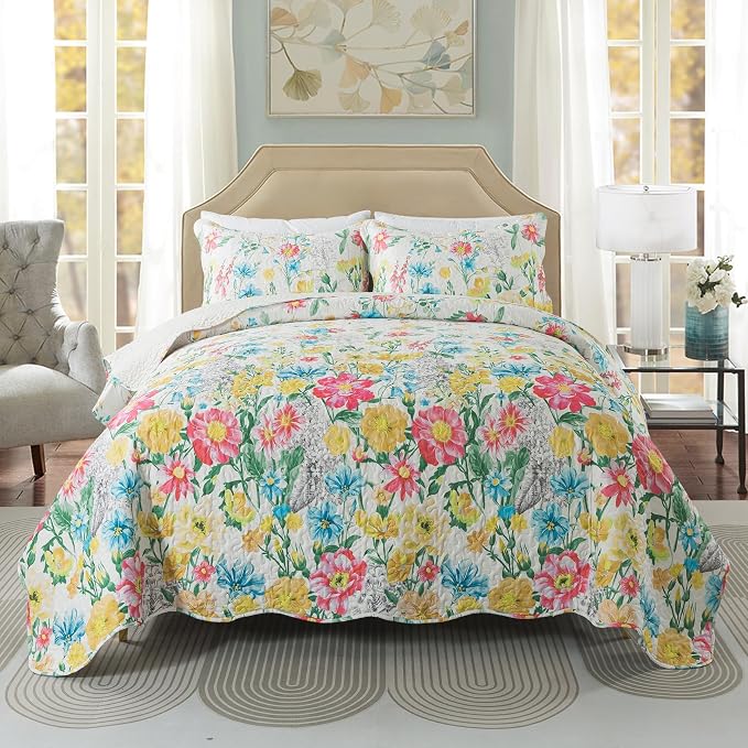 Travan Floral Quilt Queen Quilt Set, Ultra Soft Reversible Microfiber Queen Quilt Bedding Set with 1 Quilt Set and 2 Shams Yellow Flower Coverlet Set for All Season, Coreopsis-Yellow, King
