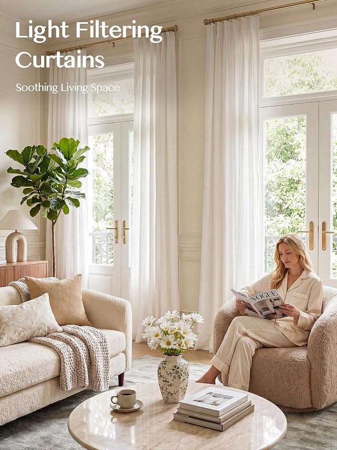 Liz Pinch Pleated Linen Curtains 92 Inches Long, Light Filtering Curtains for Living Room, Farmhouse Window Curtains for Bedroom, Modern Drapes with Hooks and Rings, White, 2 Panels Set