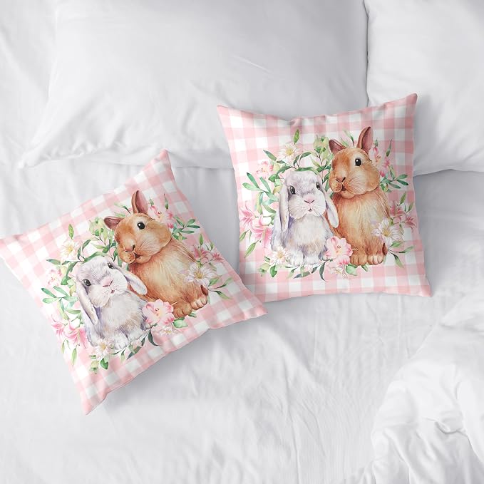 Spring Easter Pillow Covers 22x22 Pack of 2 Lovely Rabbit with Lily Flower Throw Pillow Covers Pink Plaid Bunny Pillow Case for Spring Easter Decoration Sofa Patio Garden