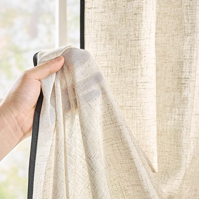 jinchan Beige Linen Curtains with Black Trim Back Tab 50x108 Inch 2 Panels | Semi sheer light filtering, modern farmhouse curtains for living room and bedroom, back tab rod pocket, machine washable
