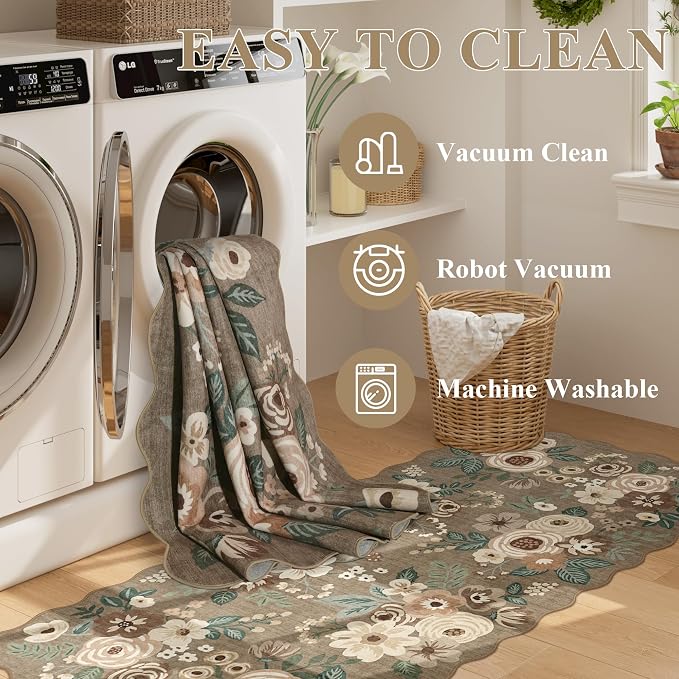 DUKINO 2x12 Washable Runner Rug, Long Runner Rug for Hallway, Light Taupe | Non Slip, Low Pile, Soft Floral Throw Rug Runner for Kitchen, Entryway, Bedroom, Bathroom, Pet Friendly, Modern Home Decor