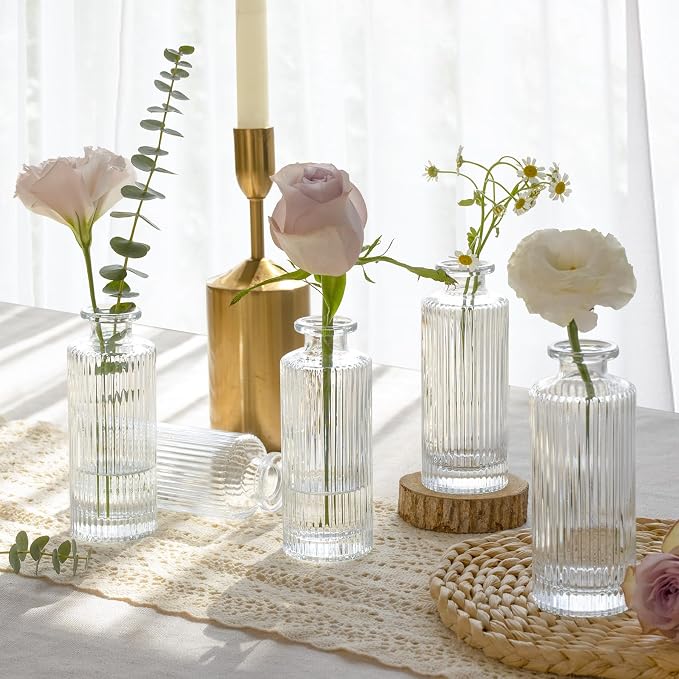 ComSaf Glass Small Bud Vases in Bulk 12 Pcs 5.2 Inch, Clear Flower Vases | Vintage Ribbed Style, Mini Bouquet Display, Wedding Centerpiece, Home Decor, Housewarming Gift, Valentine's Day, Mother's Day