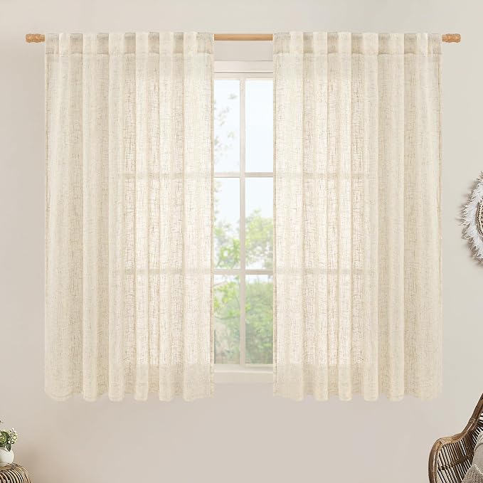 Beige Linen Curtains 45 Inches Long for Bedroom Small Window | Light Filtering Panels, Semi Sheer, Neutral Drapes for Kitchen, Loft Room, Rod Pocket Back Tab, 52 x 45 Inch, 2 Panels