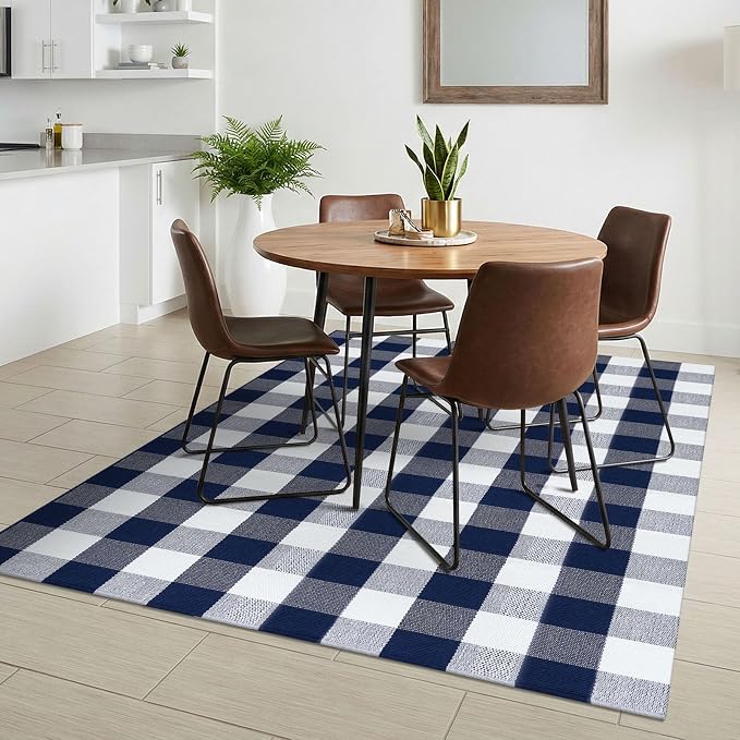 KILOCOCO Buffalo Plaid Checkered Rug 4x6 ft Blue and White Front Door Rug | Machine Washable Front Porch Rug, Outdoor Rugs, Indoor Living Room Rug, Cotton Low Pile Rugs for Kitchen Patio Dining Room