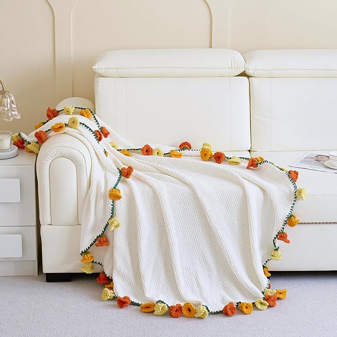 Crochet Flower Bouquet Throw Blanket, Handmade Knitted Blanket with Flowers, Cute Romantic Gift for Her Girlfriend Mom Mother’s Day Valentine Wedding Anniversary Birthday, Orange 40 Inches
